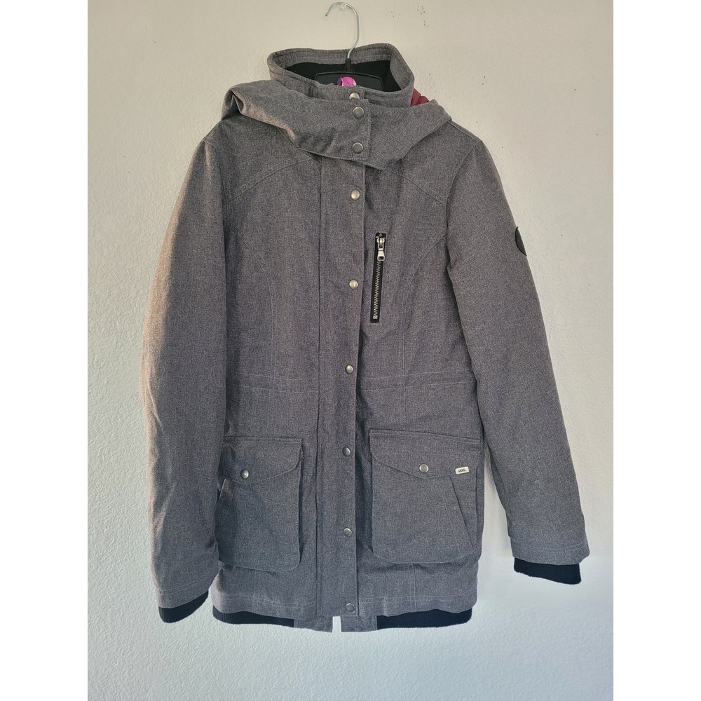 Vans Mens Small Gray Hooded Parka Jacket Quilted Lining Full Zip Snap Front #23